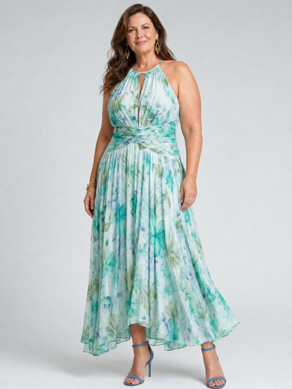 Portia | Vestido Midi Halter Plisado con Estampado Floral