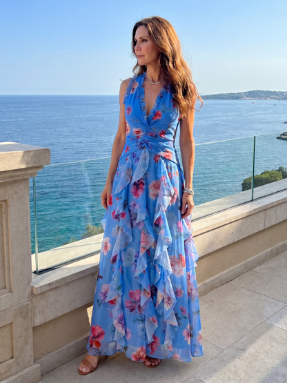 Nori | Vestido Maxi Halter con Volantes y Estampado Floral