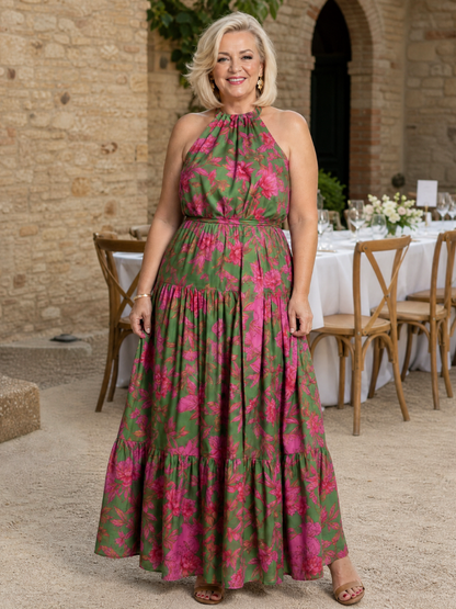 Rowen | Vestido Midi Halter Drapeado con Estampado Floral