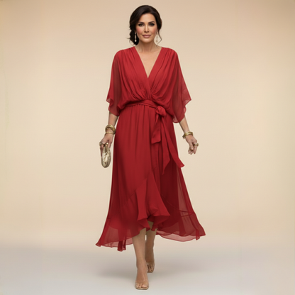 Monica | Vestido Midi en Chifón con Escote en V y Cinturón