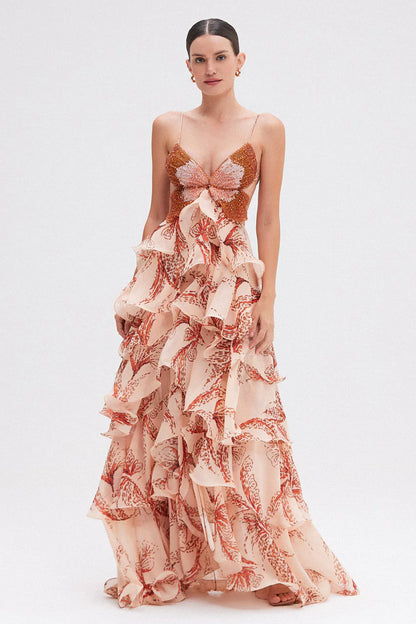 Nahia | Vestido Maxi con Volantes y Escote Joya