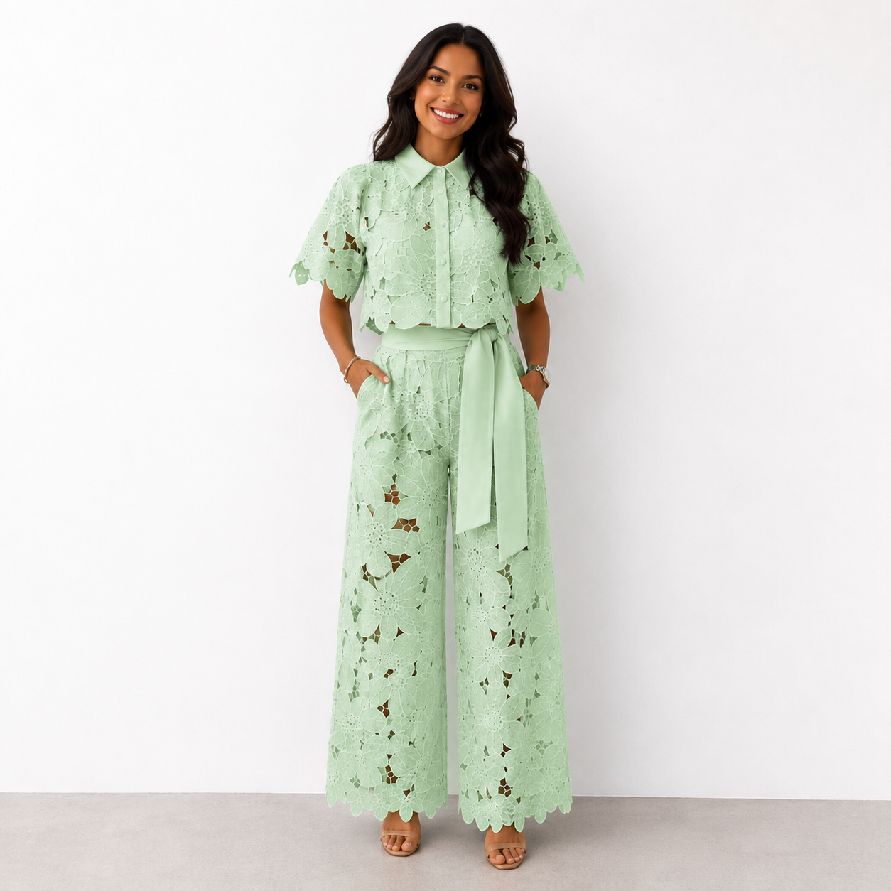 Isabela | Conjunto de Encaje de Camisa y Pantalón Palazzo