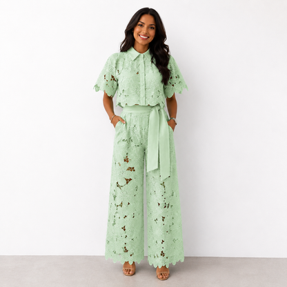 Isabela | Conjunto de Encaje de Camisa y Pantalón Palazzo