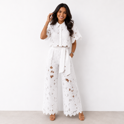 Isabela | Conjunto de Encaje de Camisa y Pantalón Palazzo