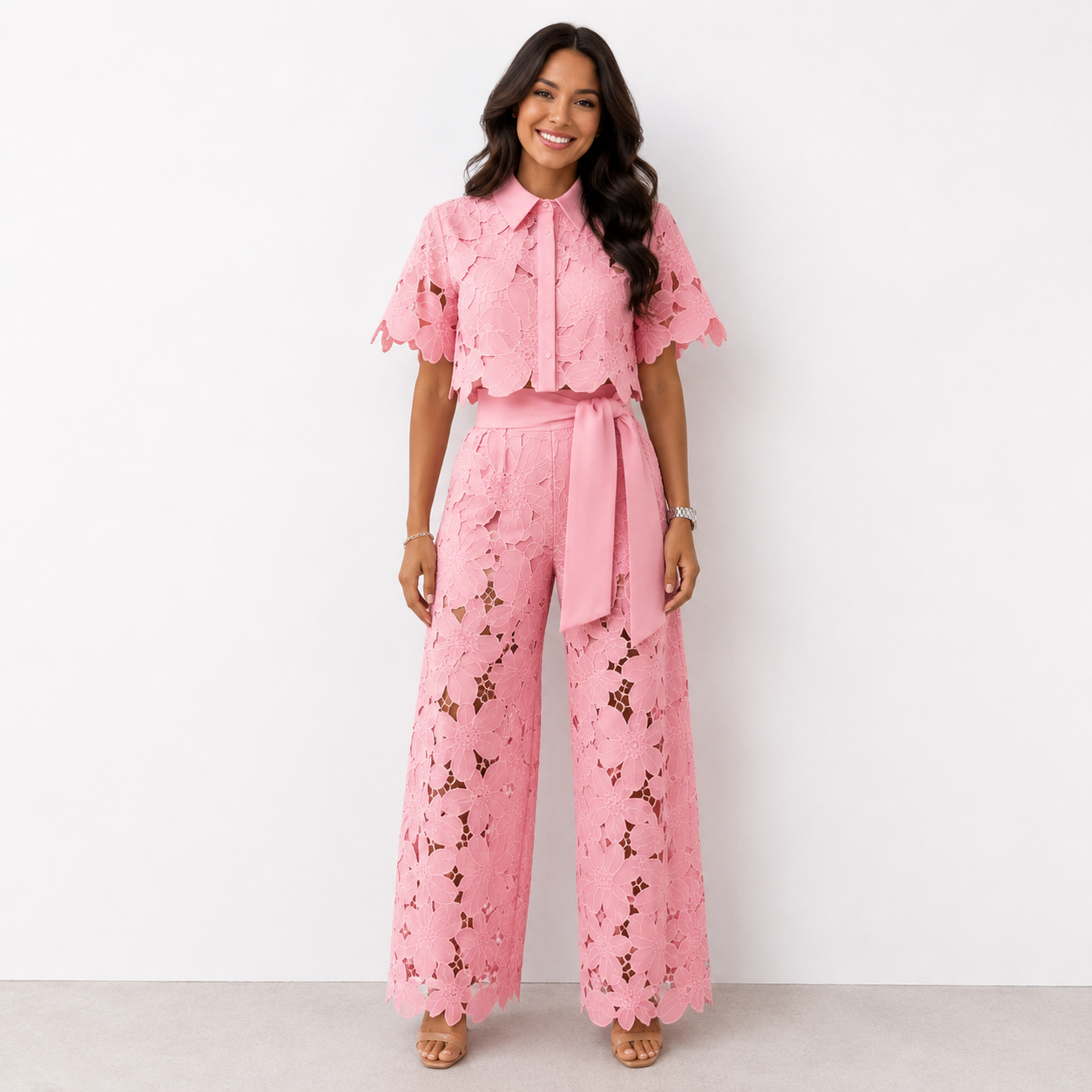 Isabela | Conjunto de Encaje de Camisa y Pantalón Palazzo
