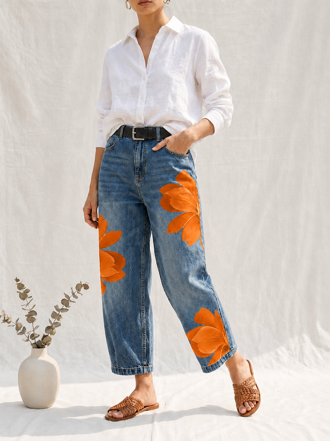 Beatrix | Vaquero Naranja Elegante Loose Fit con Estampado Floral