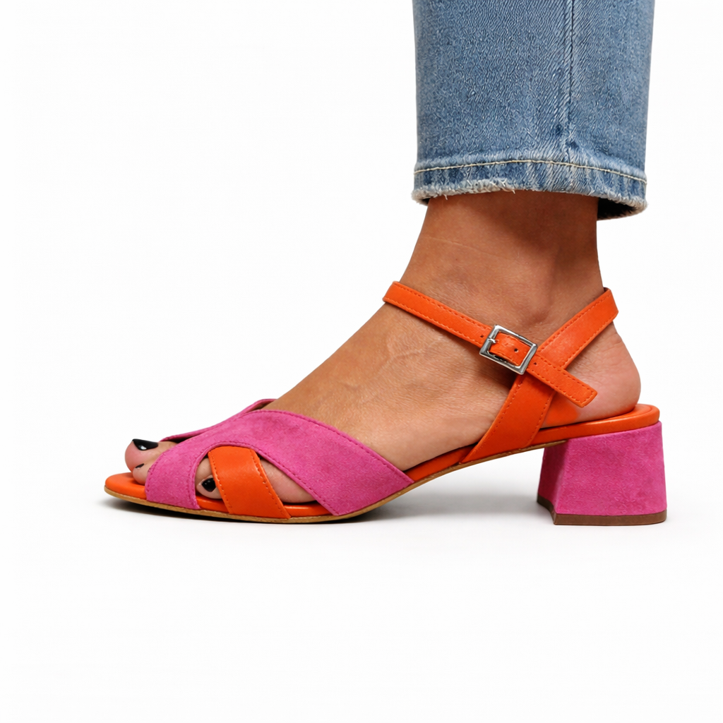 Carmen | Sandalia de Tacón Ancho con Tiras Cruzadas en Fucsia y Naranja