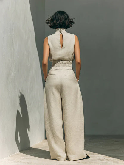 Flor | Blusa Sin Mangas y Pantalón Ancho en Algodón y Lino