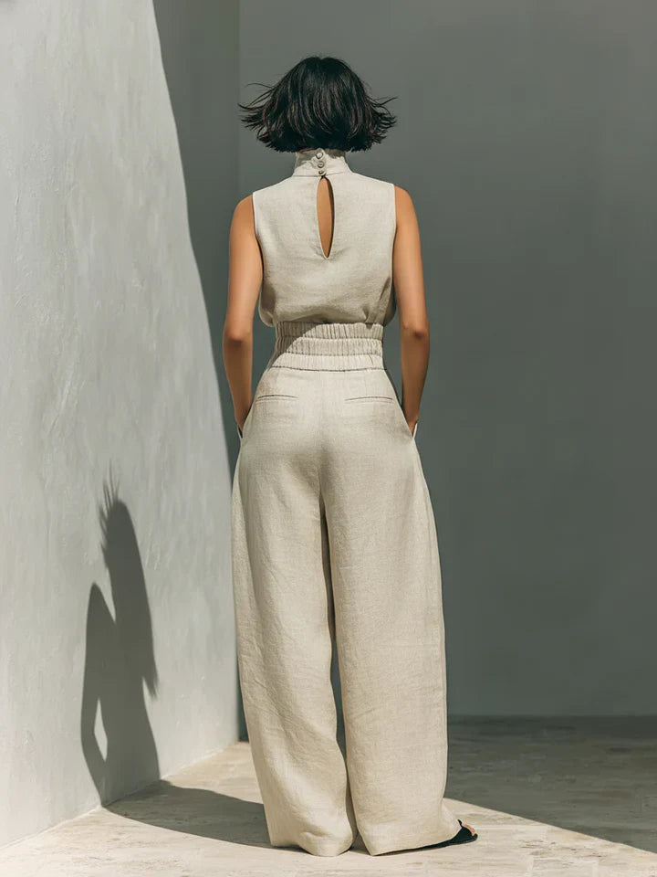 Flor | Blusa Sin Mangas y Pantalón Ancho en Algodón y Lino