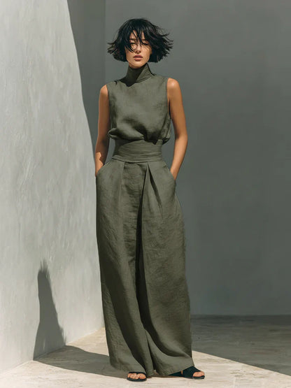 Flor | Blusa Sin Mangas y Pantalón Ancho en Algodón y Lino