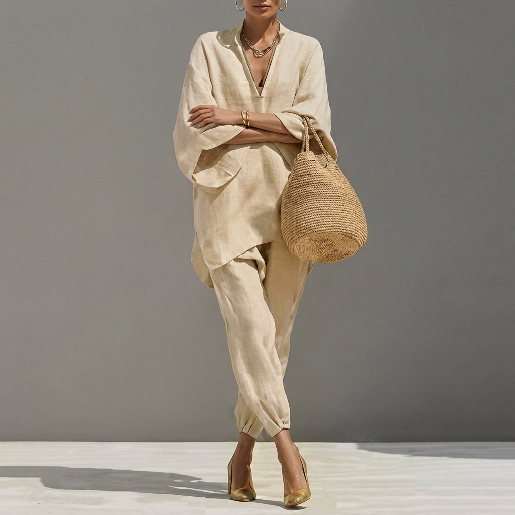 Marina |  Blusa Murciélago y Pantalón Ancho en Tejido Transpirable