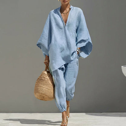 Marina |  Blusa Murciélago y Pantalón Ancho en Tejido Transpirable