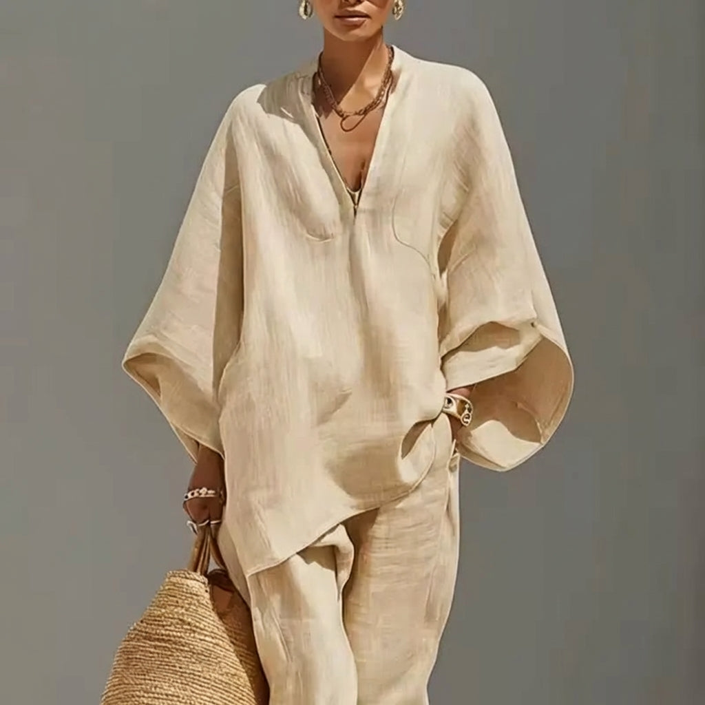 Marina |  Blusa Murciélago y Pantalón Ancho en Tejido Transpirable