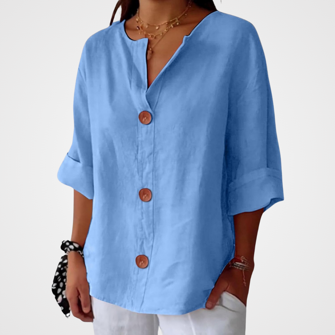 Hazel | Blusa de Algodón y Lino con Escote en V y Botones
