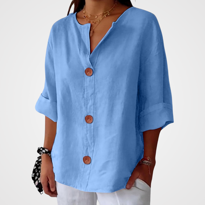 Hazel | Blusa de Algodón y Lino con Escote en V y Botones