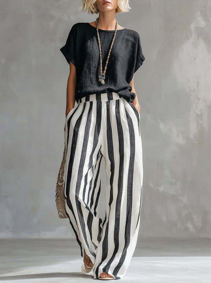 Marina | Conjunto de Top Suelto y Pantalón a Rayas con Pierna Ancha