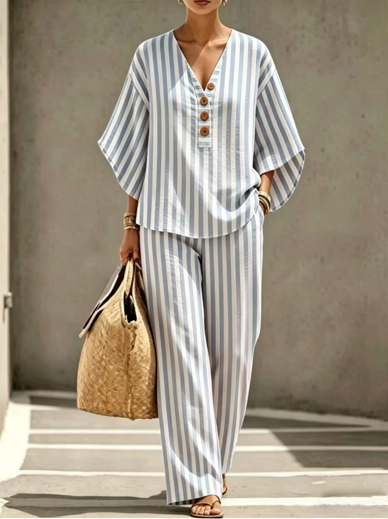 Zomerse katoen-linnen gestreepte casual tweedelige set, een lazy style V-hals knoop losse top met wijde broek