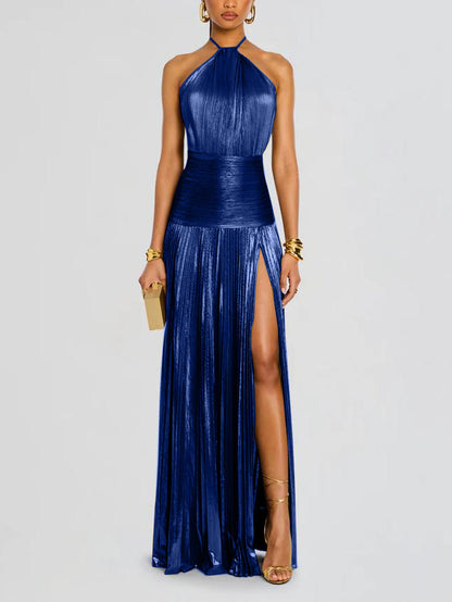 Elena | Vestido Maxi Halter Metálico con Abertura