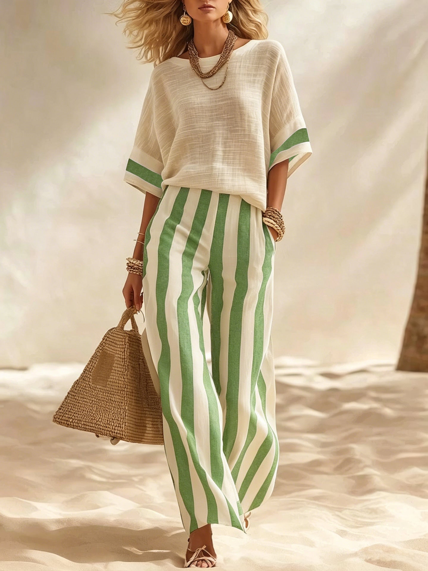 2026 Europese en Amerikaanse grensoverschrijdende zomer Amazon New Beige linnen top casual gestreepte losse wijde broek set