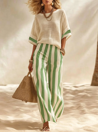 2026 Europese en Amerikaanse grensoverschrijdende zomer Amazon New Beige linnen top casual gestreepte losse wijde broek set