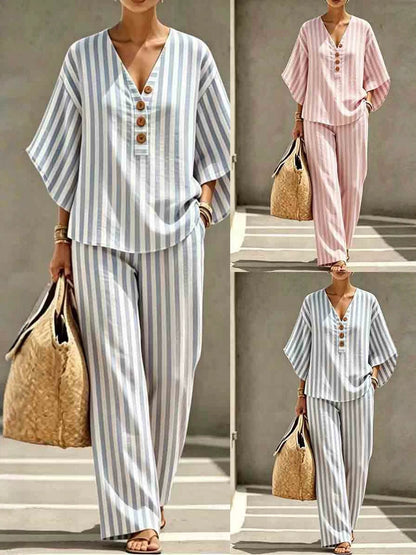 Zomerse katoen-linnen gestreepte casual tweedelige set, een lazy style V-hals knoop losse top met wijde broek
