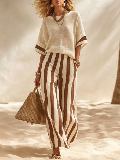 2026 Europese en Amerikaanse grensoverschrijdende zomer Amazon New Beige linnen top casual gestreepte losse wijde broek set