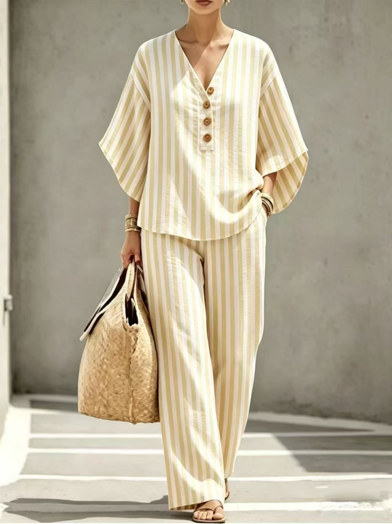 Zomerse katoen-linnen gestreepte casual tweedelige set, een lazy style V-hals knoop losse top met wijde broek