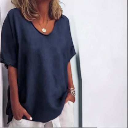 Nube | Camiseta de Lino Holgada con Cuello Redondo y Manga Tres Cuartos