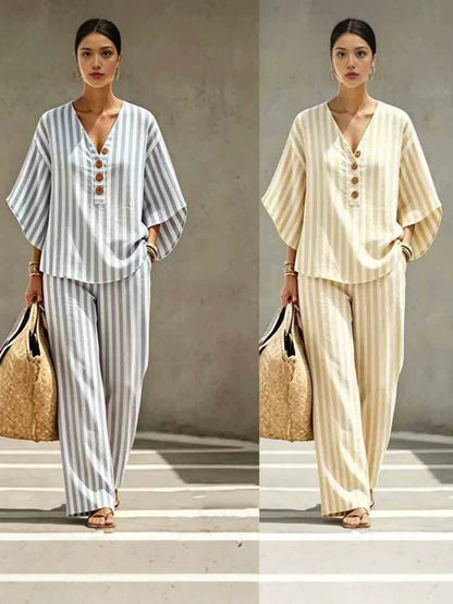 Zomerse katoen-linnen gestreepte casual tweedelige set, een lazy style V-hals knoop losse top met wijde broek