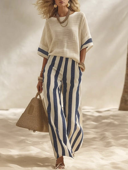 2026 Europese en Amerikaanse grensoverschrijdende zomer Amazon New Beige linnen top casual gestreepte losse wijde broek set