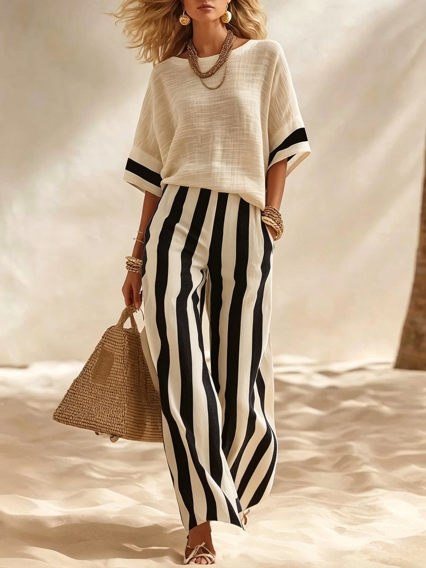 2026 Europese en Amerikaanse grensoverschrijdende zomer Amazon New Beige linnen top casual gestreepte losse wijde broek set
