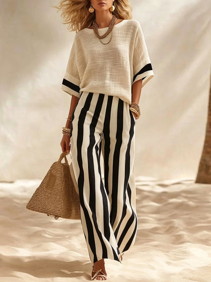 2026 Europese en Amerikaanse grensoverschrijdende zomer Amazon New Beige linnen top casual gestreepte losse wijde broek set