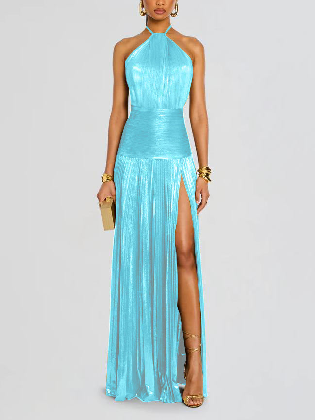 Elena | Vestido Maxi Halter Metálico con Abertura