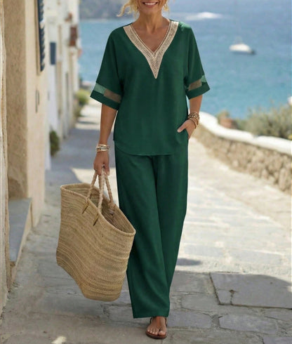 Ibiza | Conjunto Blanco con Top Bordado y Pantalón de Pierna Ancha