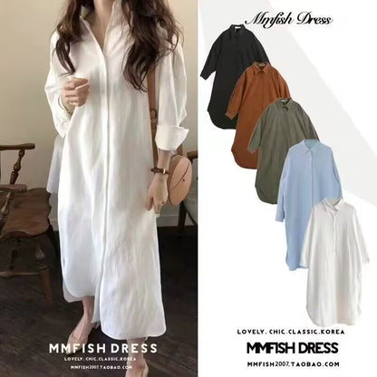 25 Shirts voor vrouwen Lente &amp; Herfst Katoen en linnen Modieuze Koreaanse stijl Pure kleur Veelzijdige tops van middellange lengte Losse shirts met lange mouwen Grote maten tops