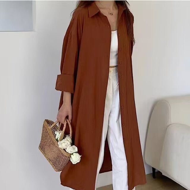 25 Shirts voor vrouwen Lente &amp; Herfst Katoen en linnen Modieuze Koreaanse stijl Pure kleur Veelzijdige tops van middellange lengte Losse shirts met lange mouwen Grote maten tops