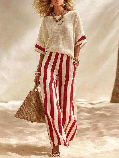 2026 Europese en Amerikaanse grensoverschrijdende zomer Amazon New Beige linnen top casual gestreepte losse wijde broek set