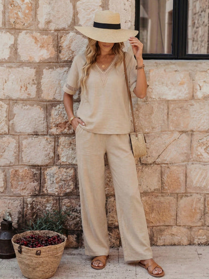 Ibiza | Conjunto Blanco con Top Bordado y Pantalón de Pierna Ancha
