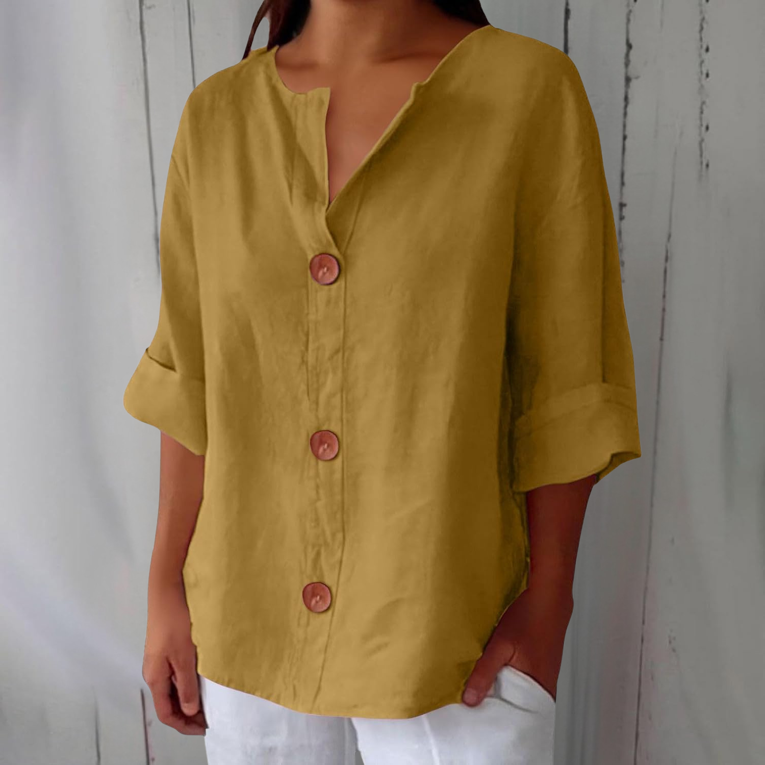 Hazel | Blusa de Algodón y Lino con Escote en V y Botones