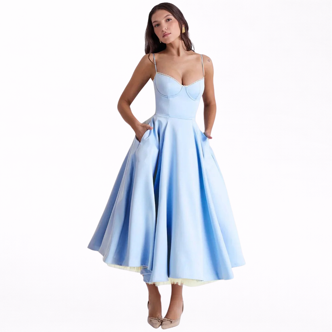Arielle | Vestido Midi Azul con Corsé y Falda Evasé