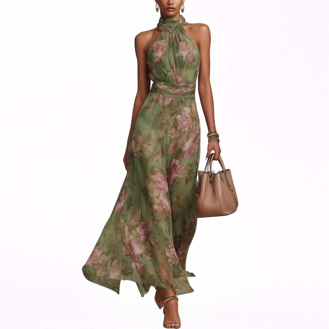 Livia | Vestido Maxi Halter Floral en Chifón