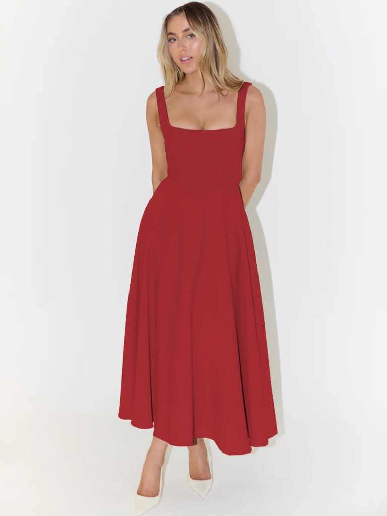 Abito | Vestido Midi con Escote Cuadrado y Falda Evasé
