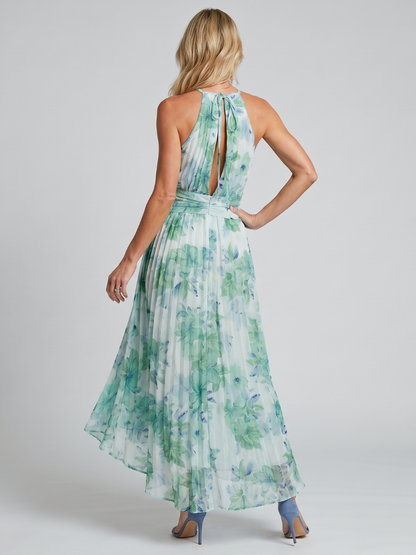 Portia | Vestido Midi Halter Plisado con Estampado Floral