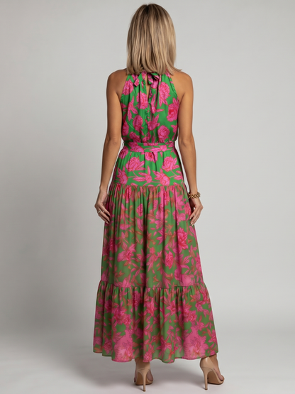 Rowen | Vestido Midi Halter Drapeado con Estampado Floral