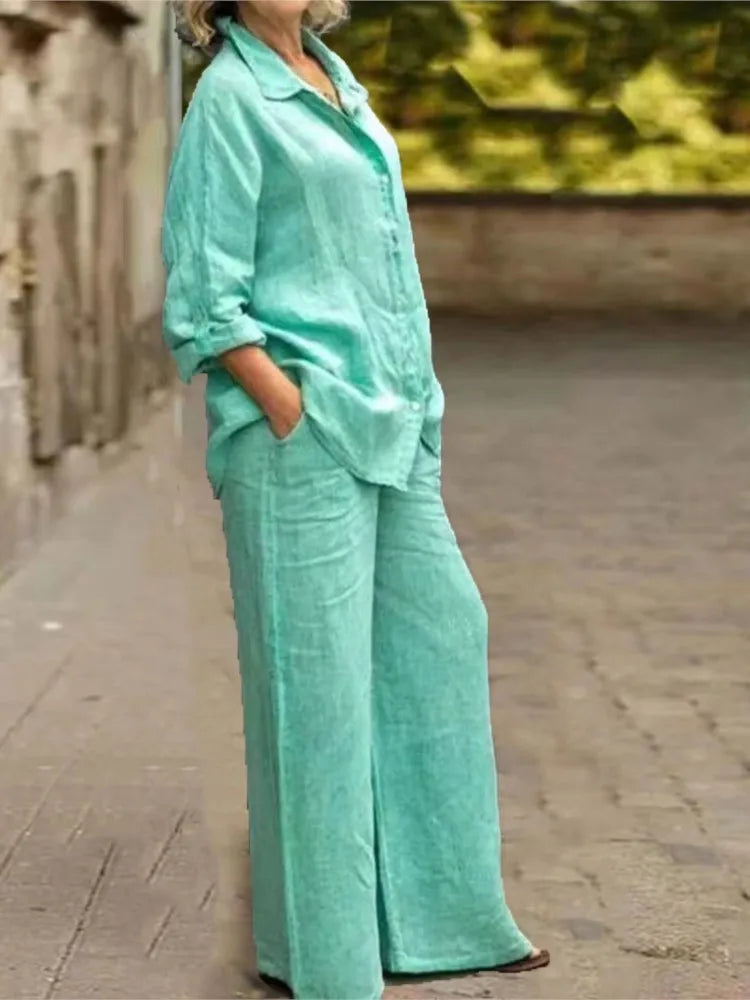 Brisa | Conjunto de Lino con Blusa y Pantalón de Pernera Ancha