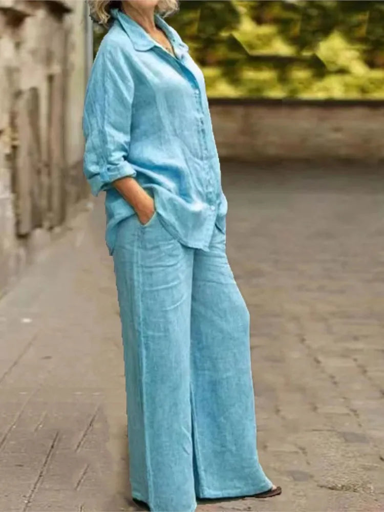 Brisa | Conjunto de Lino con Blusa y Pantalón de Pernera Ancha