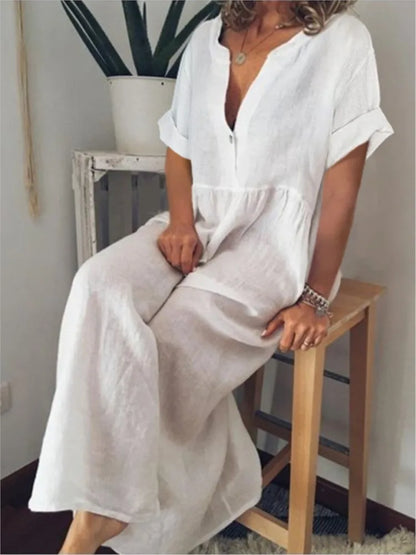 Marea | Vestido Maxi de Lino con Escote en V y Manga Corta
