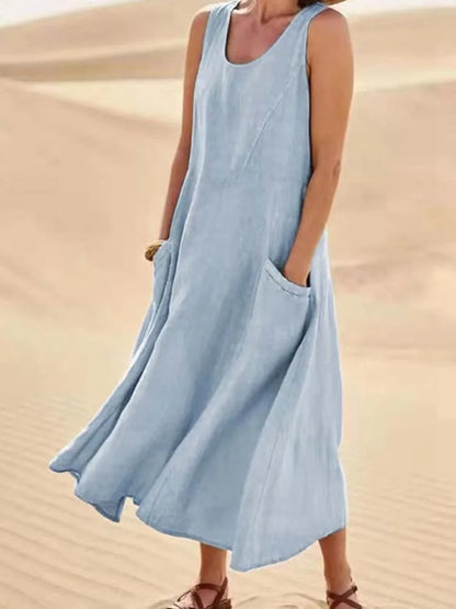 Sofía | Vestido largo de lino para mujer con cuello redondo y grandes bolsillos