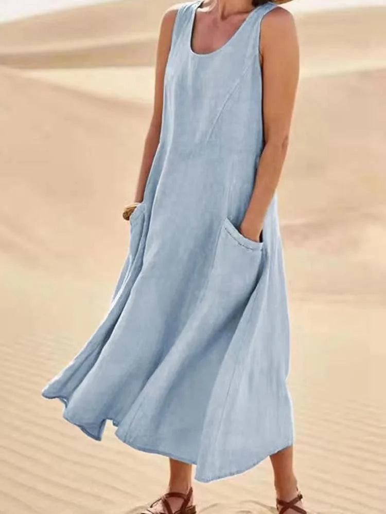 Sofía | Vestido largo de lino para mujer con cuello redondo y grandes bolsillos