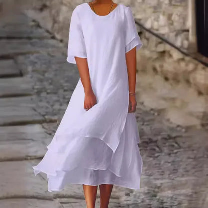 Perla | Vestido Maxi de Lino con Falda en Capas y Manga Corta